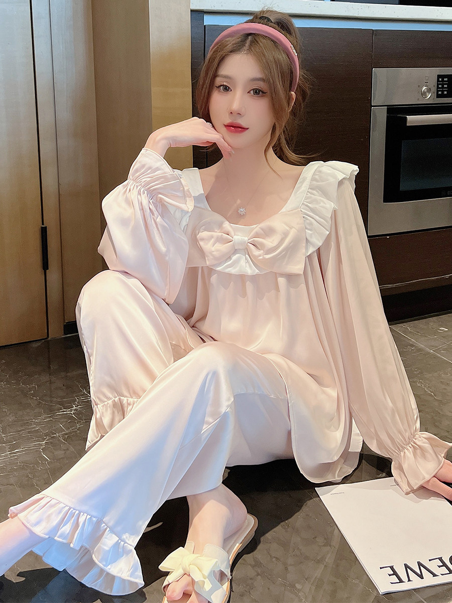 真丝睡衣女蝴蝶结套装