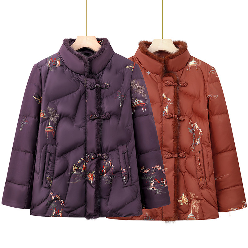 奶奶冬装新款加绒加厚棉衣中老年女装冬季立领保暖羽绒服