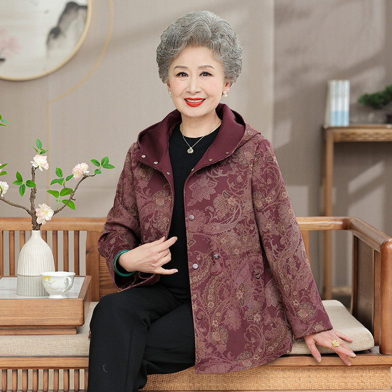奶奶春装新款连帽外套中老年女装春秋风衣老人宽松上衣太太衣服