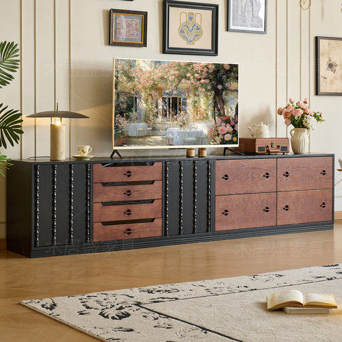 法式实木中古风落地电视机柜模块