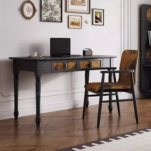 法式复古电脑桌香云纱黑色梳妆台写字桌一体美式白蜡木实木腿书桌
