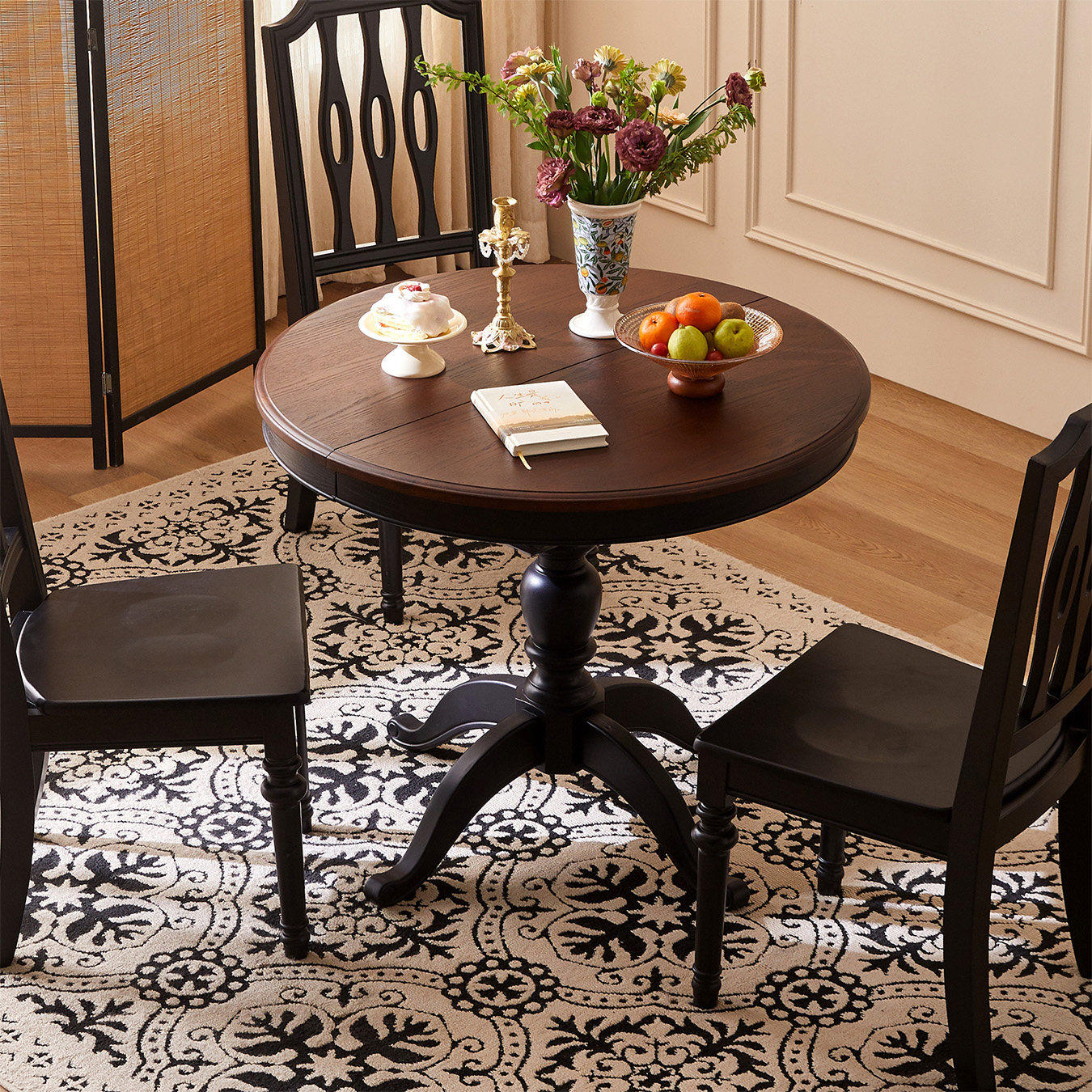 木居盛法式复古实木椭圆形美式折叠伸缩餐桌小户型靠墙圆桌家用桌