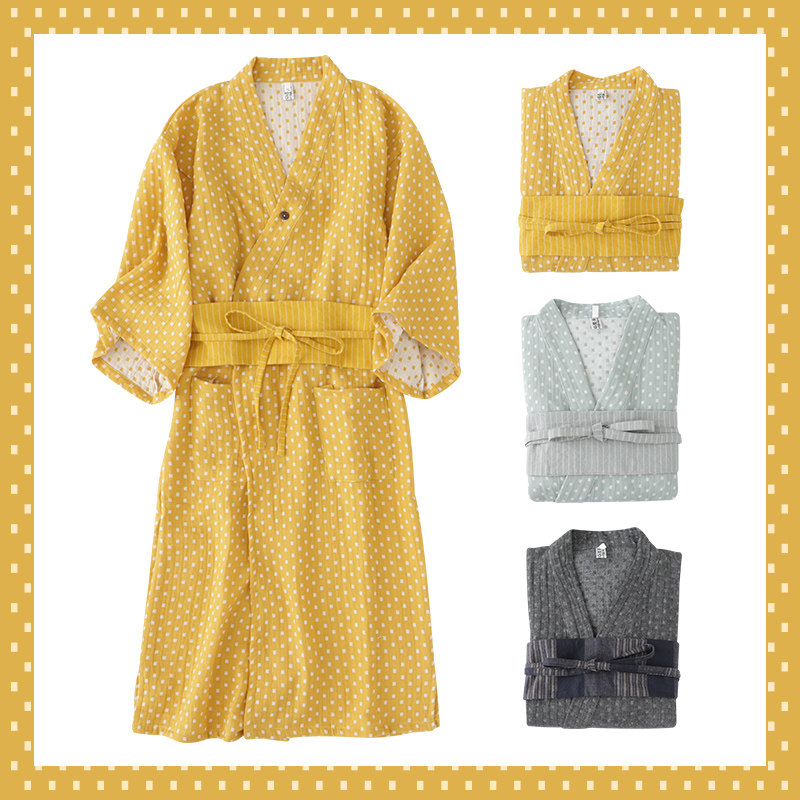 日式和风情侣睡袍纯棉双层纱睡裙女浴衣秋家居服长裤睡衣女两件套