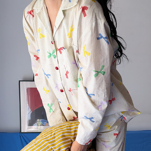 睡衣可外穿情侣 纯棉蝴蝶结甜美感睡衣ins复古彩色家居服宽松大码