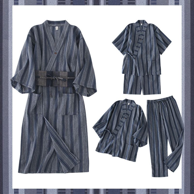 纯棉日式和风条纹睡袍复古睡裙女浴衣秋家居服男睡衣女情侣两件套