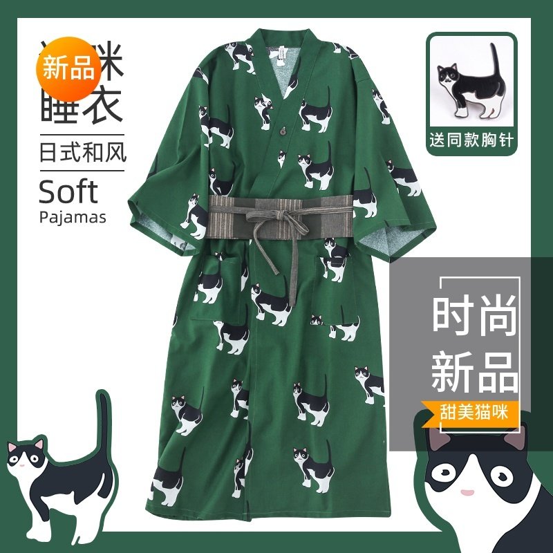 日式睡衣女生睡袍复古睡裙卡通猫咪浴衣春夏家居服绿色甜美家居服