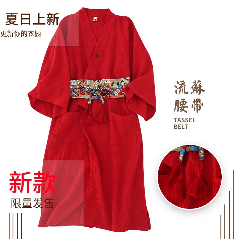 红色日式和风睡衣复古睡裙女浴衣夏薄款纯棉家居服中国风新娘晨袍