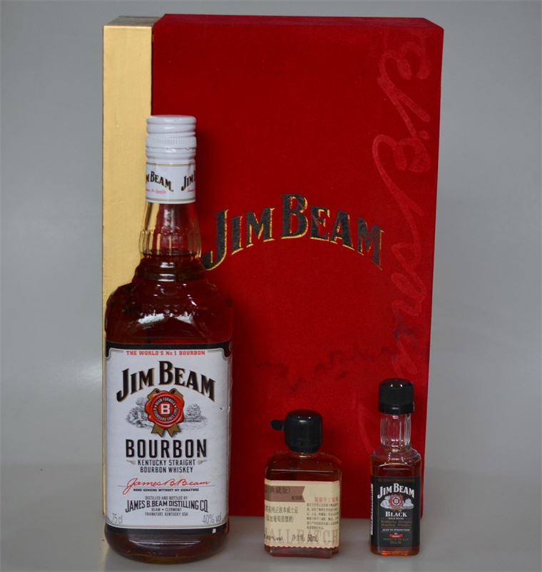 老洋酒收藏美国JIM BEAM白占边波本威士忌40度750ml+50ml