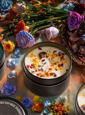 能量水晶香熏蜡烛依兰黑色铁罐干花香薰蜡烛家居睡眠卧室香氛蜡烛