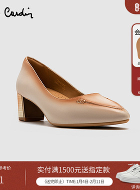 Pierre Cardin/皮尔卡丹25女鞋复古晕染擦色工艺高跟单鞋真皮粗跟