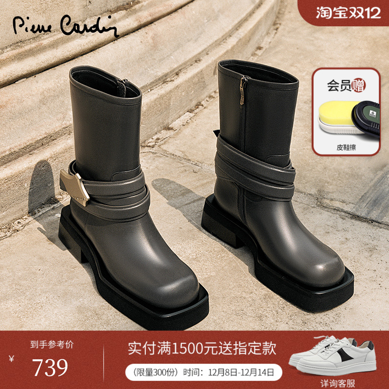 皮尔卡丹骑士女靴高街风金属扣