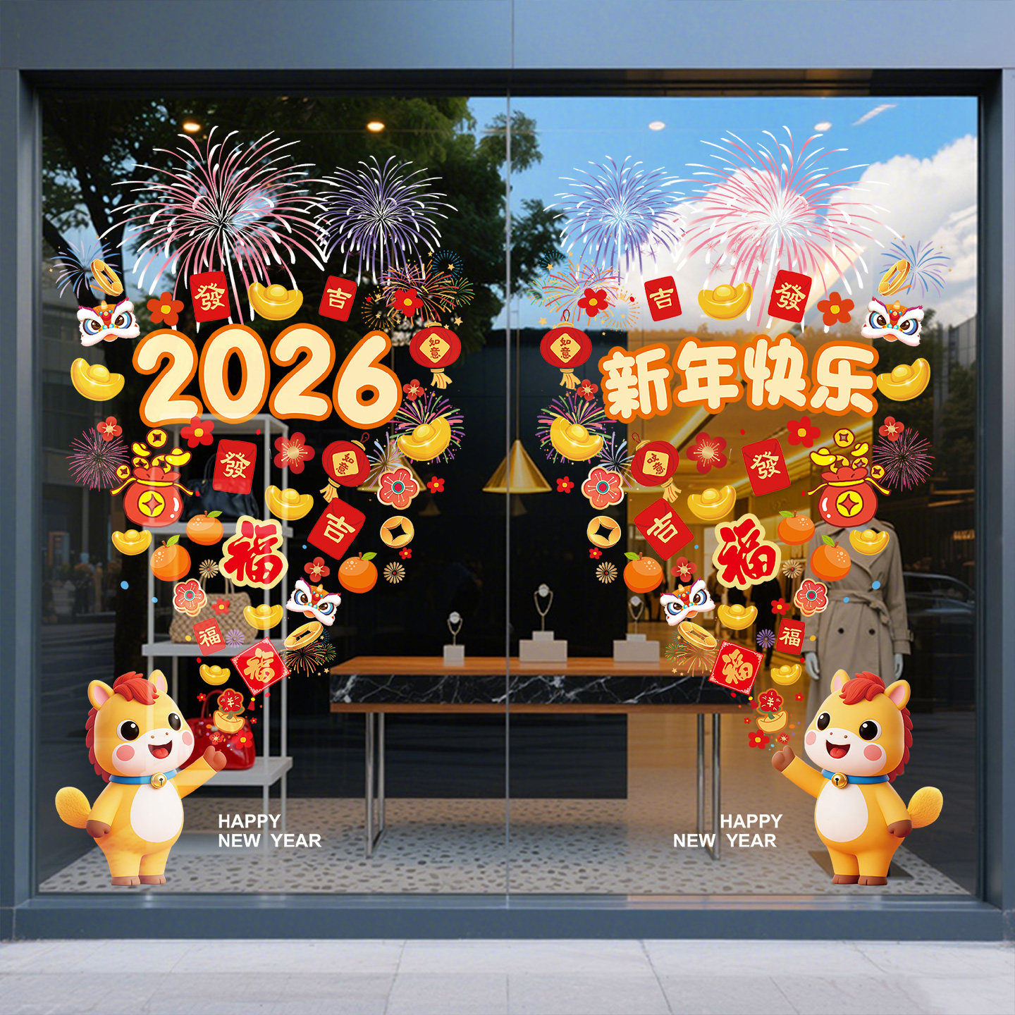 2026新年快乐玻璃门贴纸橱窗装饰静电贴商场店铺过年布置马年窗花,家居饰品,门贴,淘宝优惠券,粉丝福利购,淘宝优惠卷