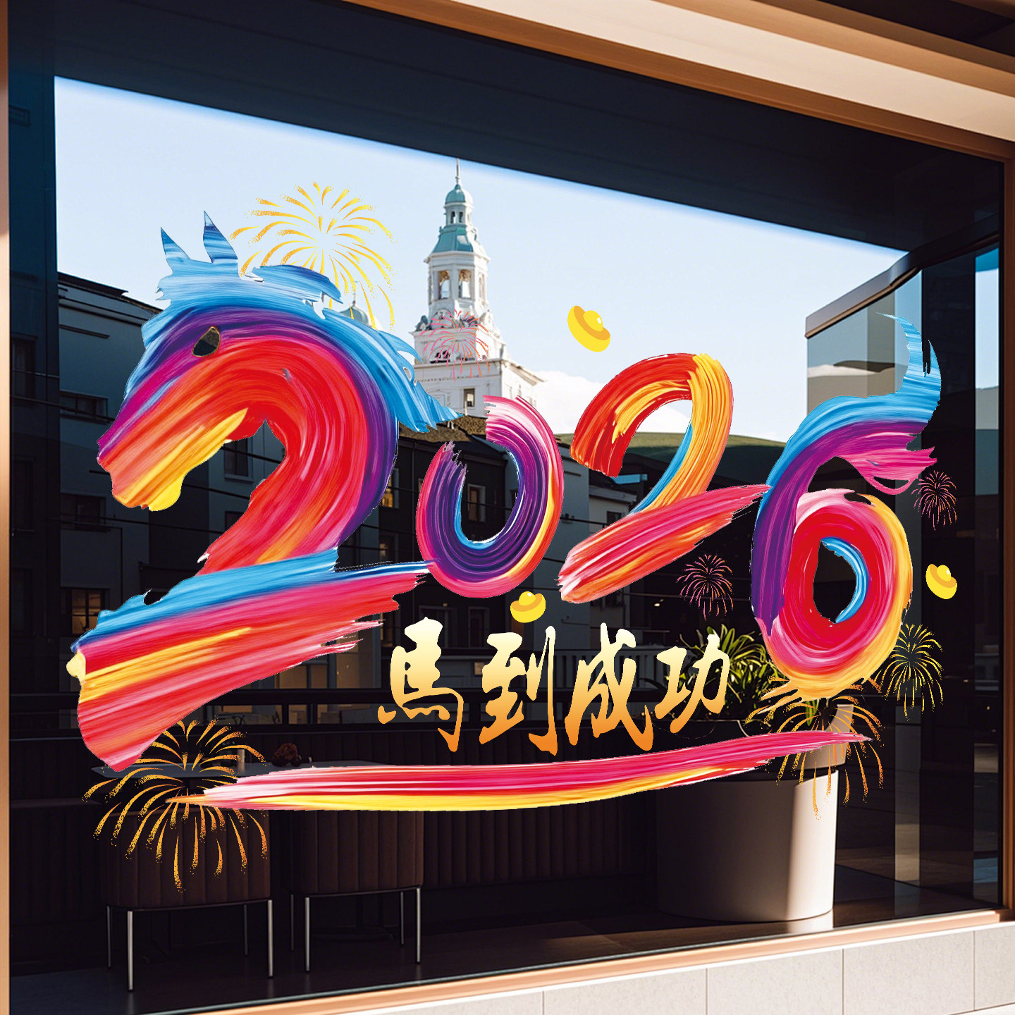 2026马年装饰马到成功玻璃贴纸橱窗窗贴银行公司马年春节静电贴画,家居饰品,门贴,淘宝优惠券,粉丝福利购,淘宝优惠卷