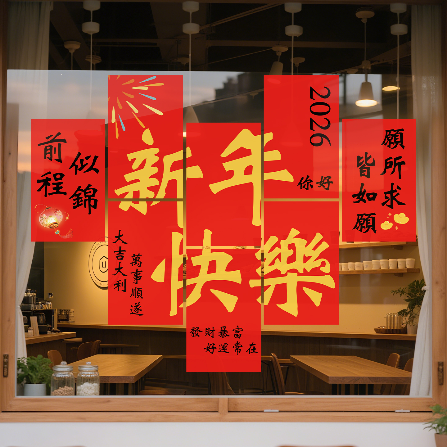 新年装饰贴纸橱窗玻璃贴纸2026贺年装扮窗贴过年氛围布置马年窗花
