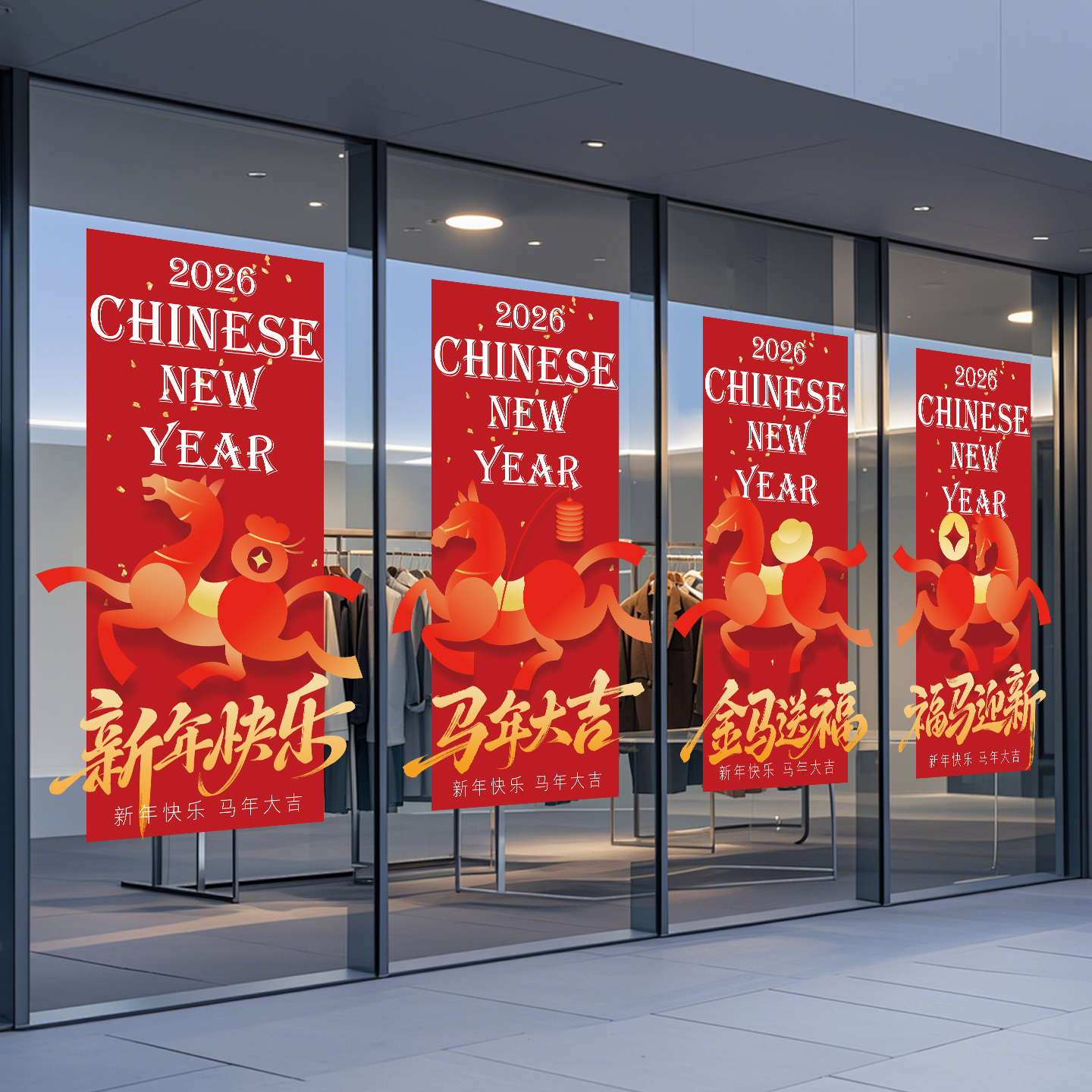 新年橱窗装饰玻璃门贴纸商场服装店2026贺年装扮海报马年UV静电贴