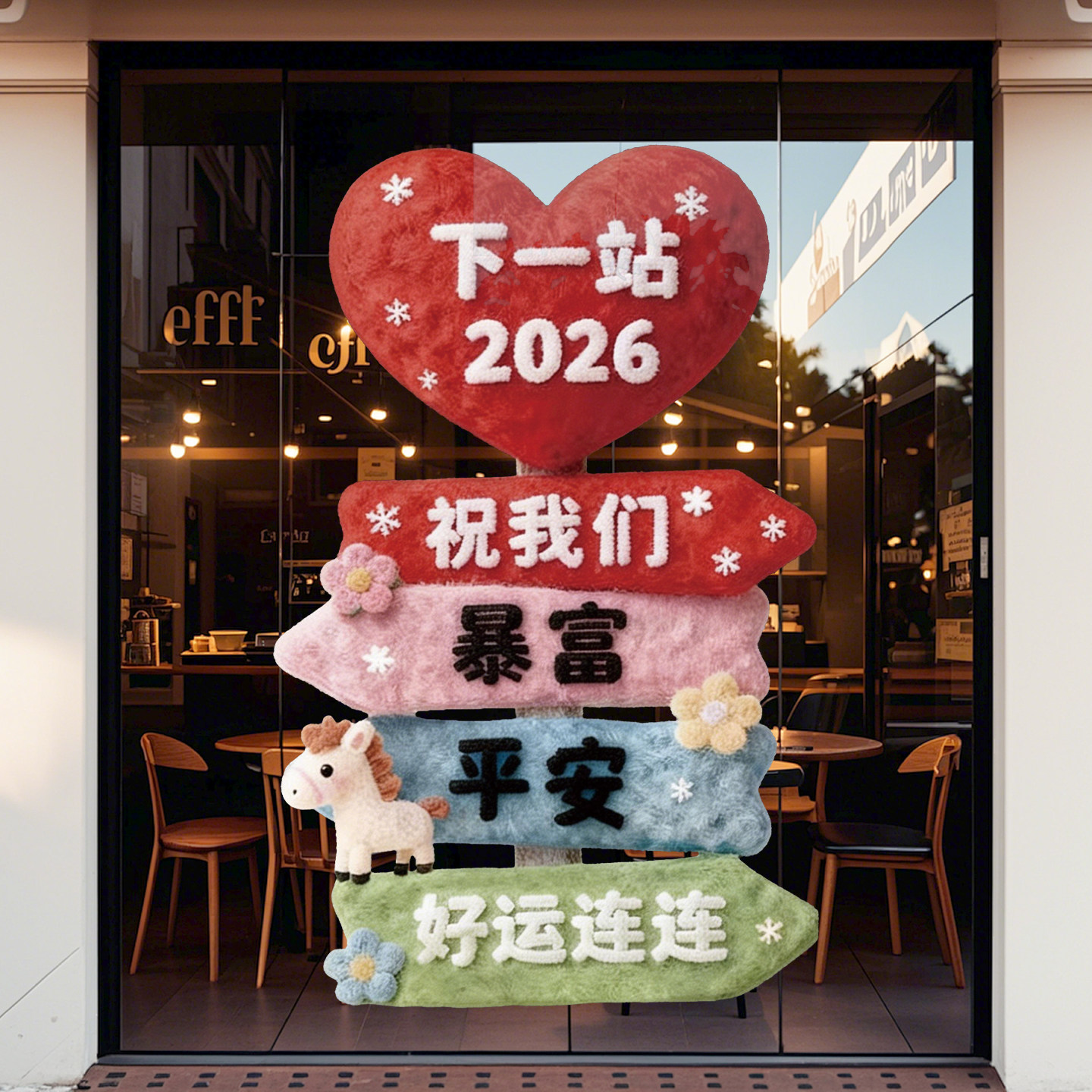 5d毛绒小马窗花过年玻璃门贴纸橱窗装饰海报美容院马年新年静电贴,家居饰品,门贴,淘宝优惠券,粉丝福利购,淘宝优惠卷