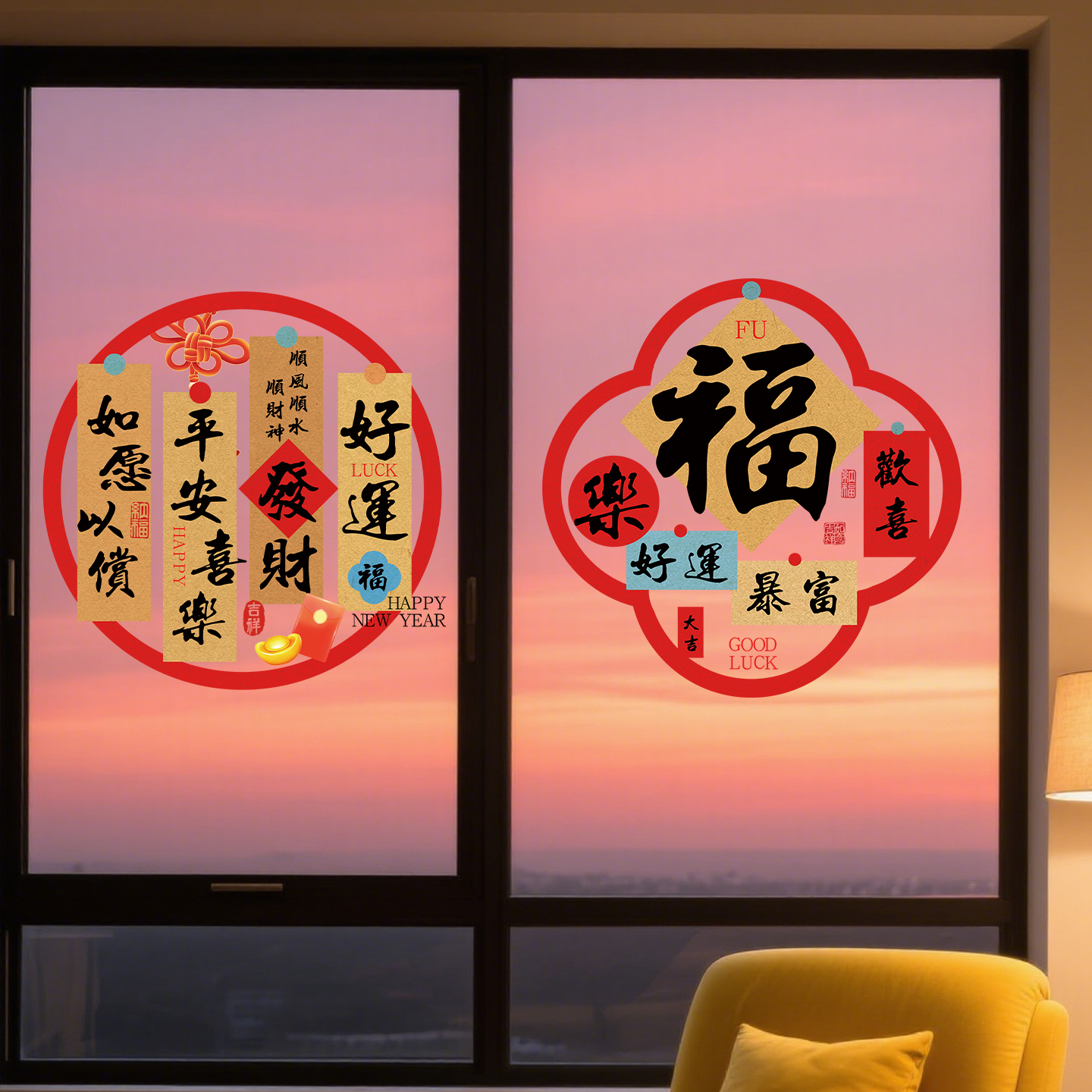 新年玻璃贴纸过年氛围布置橱窗贴元旦春节静电贴马年窗花福字门贴