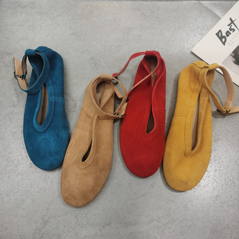 森系两穿真皮玛丽珍鞋女夏季圆头一字扣软底豆豆鞋配裙子蓝色单鞋