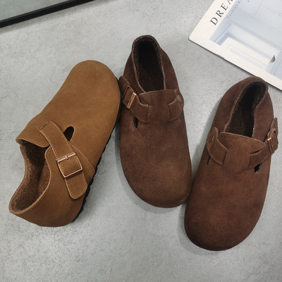 3.5CM厚底真皮勃肯单鞋女冬加绒森系皮带扣圆头休闲一脚蹬小皮鞋