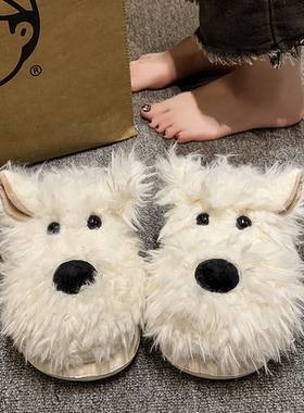 潦草小狗棉拖鞋女款秋冬季2025新款包跟可爱毛绒西高地拖鞋女冬天