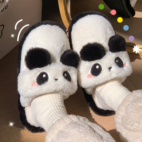 可爱熊猫厚底保暖月子棉拖鞋秋冬
