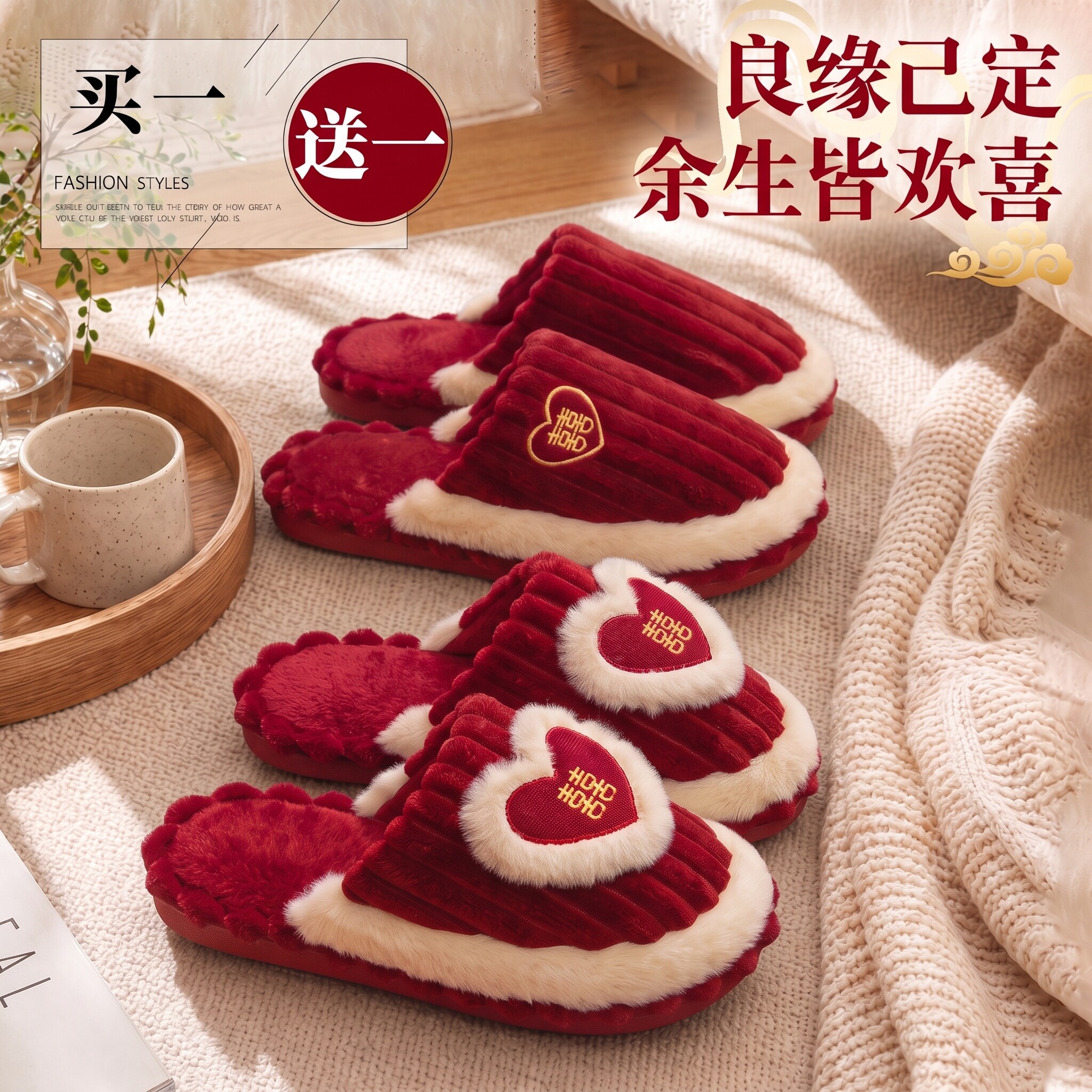 利达妮红色拖鞋结婚一对喜庆冬季新婚女方陪嫁新娘抗菌防滑棉拖鞋