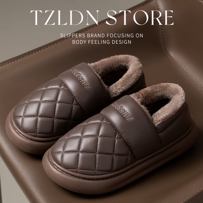 防水棉拖鞋男款冬季2025新款家居保暖防滑皮面包跟外穿棉鞋女士冬