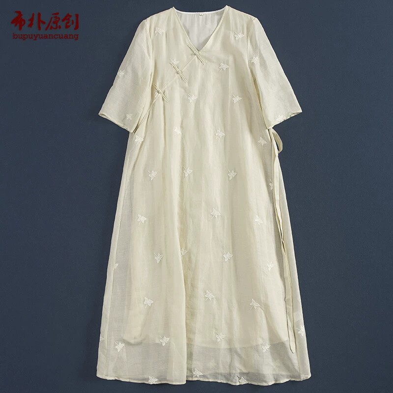 布朴家作2026夏新42支肌理苎麻水溶刺绣中长款双层连衣裙中式旗袍