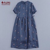 布朴家作2025夏季 裙子 抽绳长款 新款 文艺苎麻刺绣连衣裙宽松短袖