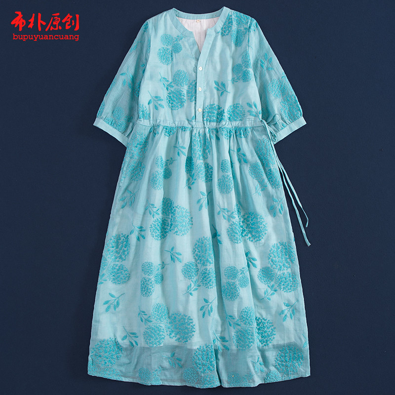 布朴家作2026夏季款文艺苎麻水溶刺绣V领七分袖连衣裙抽绳中长裙