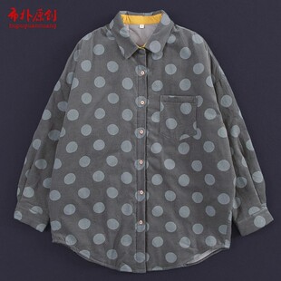 布朴壹旧2025秋冬新文艺复古灰色波点翻领宽松显瘦休闲开襟棉衬衫