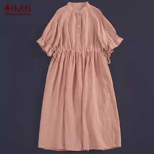 设计感抽绳裙子 文艺细皱纯亚麻连衣裙中长款 布朴家作2026夏季 新款