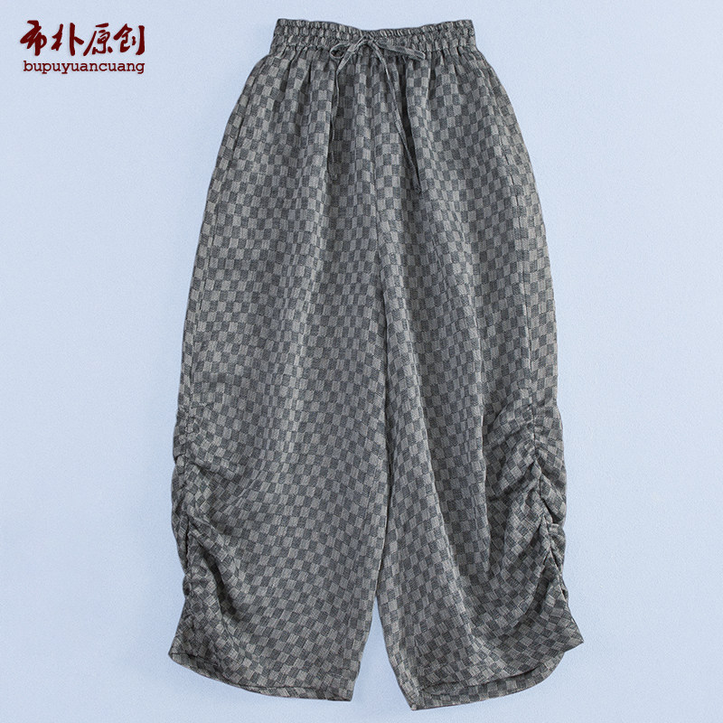 亚麻百搭休闲格子亚麻裤