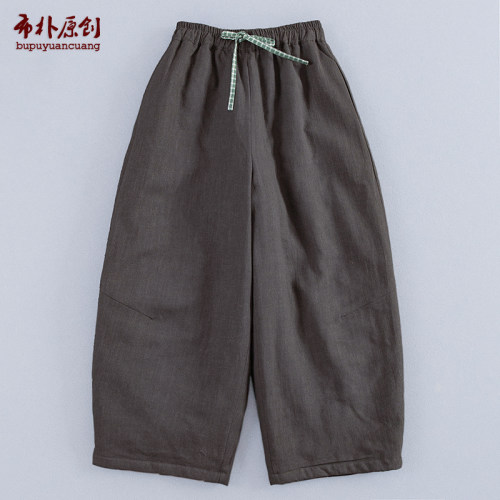 松紧腰抽绳女款棉裤女装亚麻