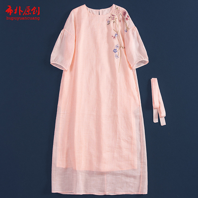 苎麻双层刺绣中式连衣裙