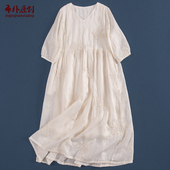 布朴家作2026夏季 款 文艺宽松苎麻重工刺绣V领优雅仙气米白连衣裙