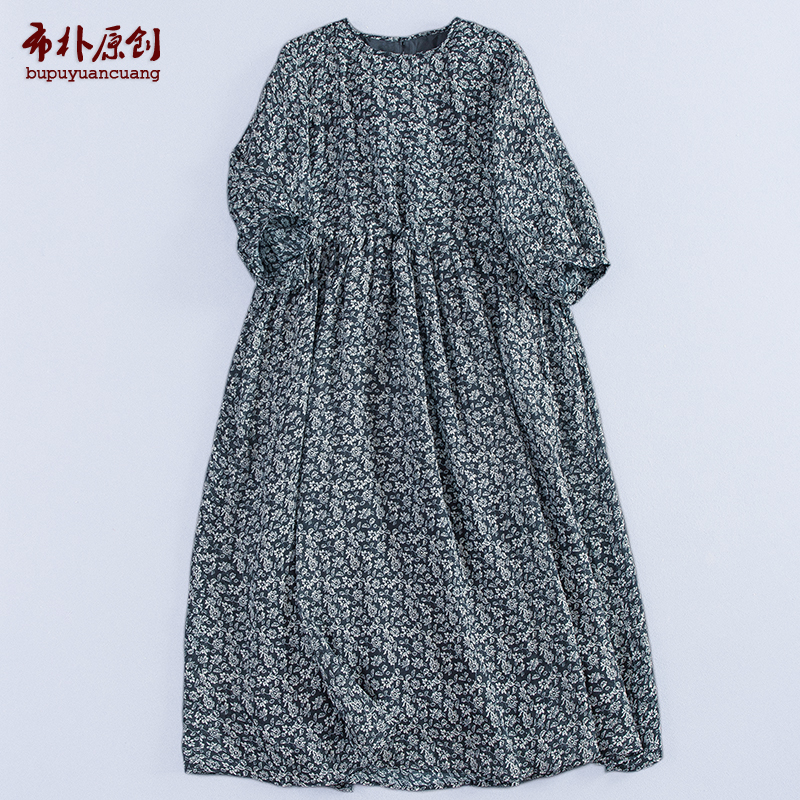 布朴家作2025夏季文艺苎麻印花圆领七分泡泡袖抽绳双层飘逸连衣裙