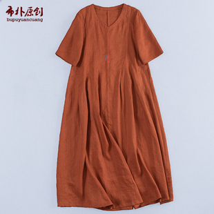 长裙 布朴家作2025夏季 新款 文艺亚麻刺绣长款 连衣裙大摆桃心领短袖