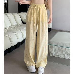 韩式穿搭多巴胺风柠檬黄波点宽松休闲裤子女夏季薄款直筒阔腿裤潮