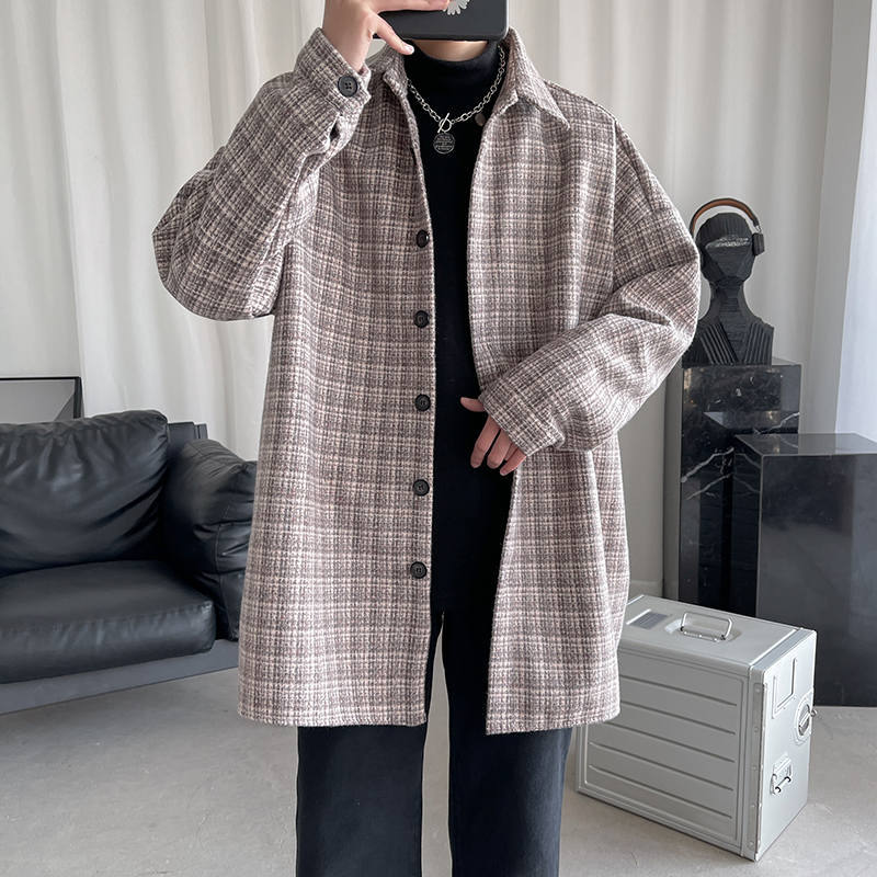 春季中長款格子呢子風衣寬鬆毛呢潮流休閒外套控
