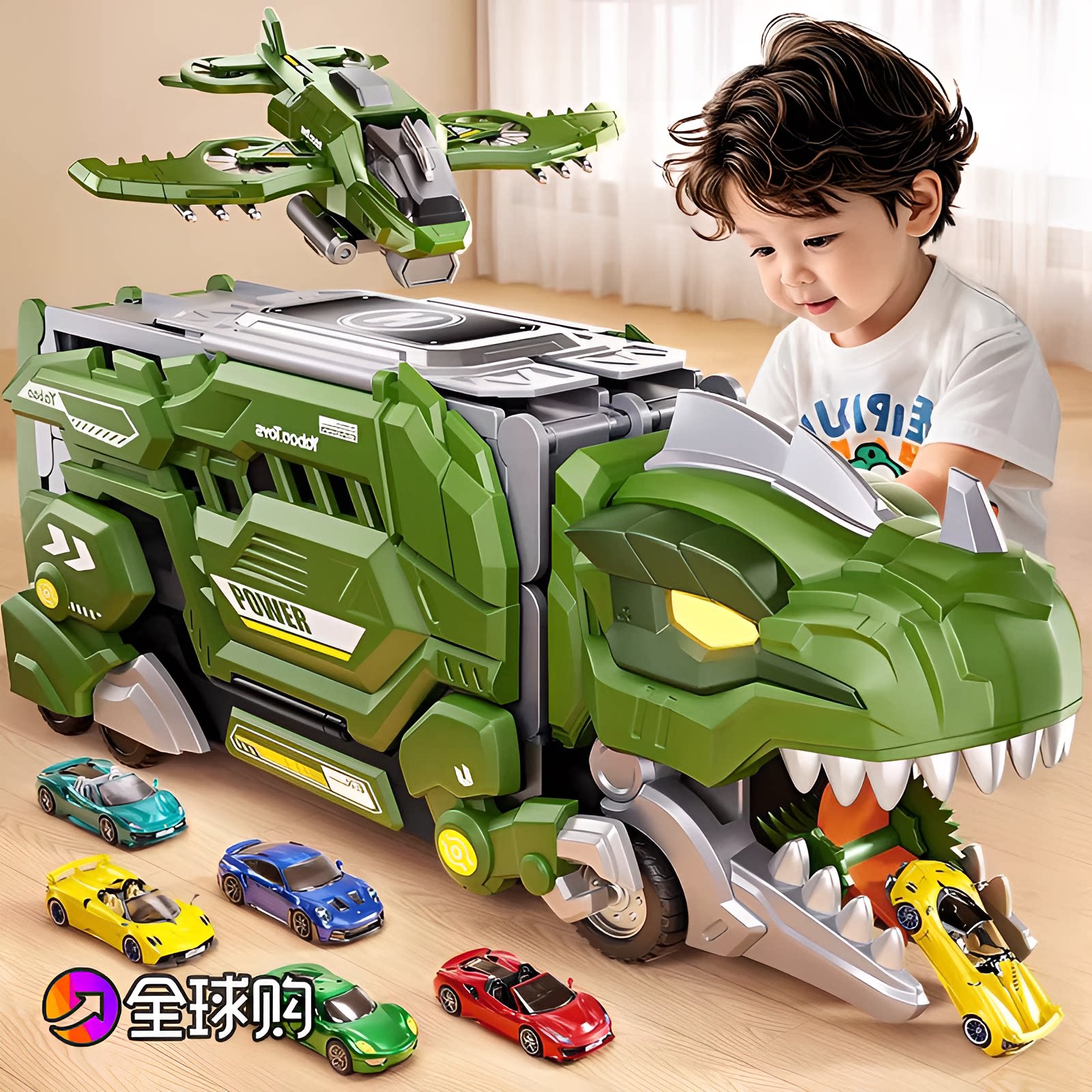 德国儿童霸王龙恐龙吞食轨道玩具车变形弹射滑行收纳合金汽车男孩