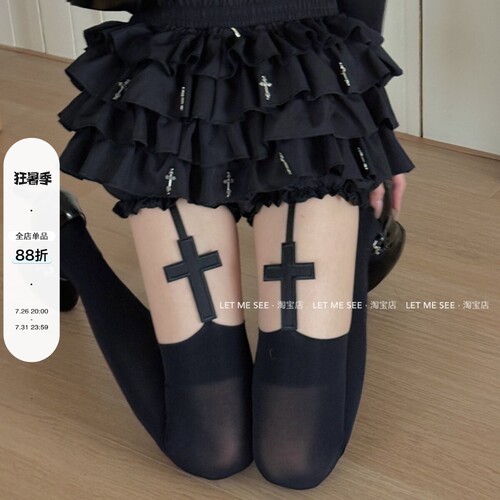 LET ME SEE 原创暗黑辣妹十字架过膝袜朋克亚文化连裤袜吊带袜