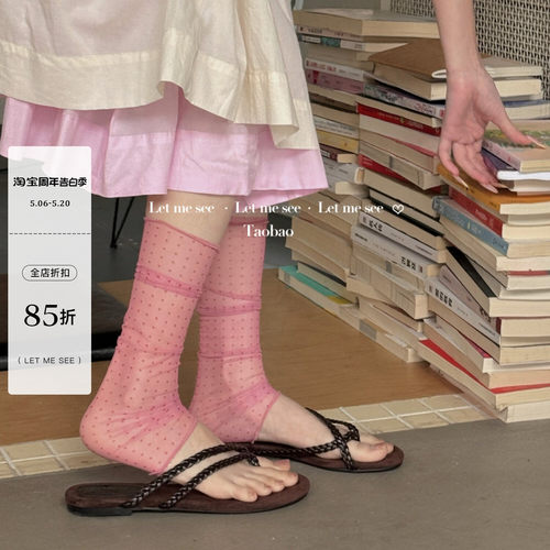 LET ME SEE春夏季日系袜子薄款蕾丝边甜美风波点蕾丝中筒袜女