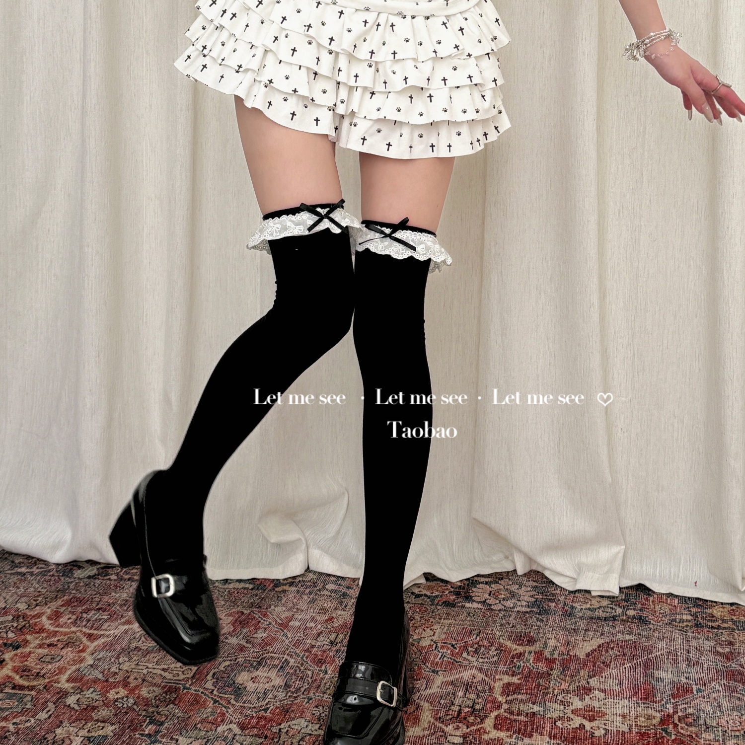 LET ME SEE 日系洛丽塔花边小腿女袜 少女蝴蝶结黑色棉过膝大腿袜