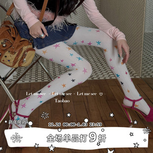 袜 LET 原创彩色星星天鹅绒连裤 SEE 少女白色印花打底女袜