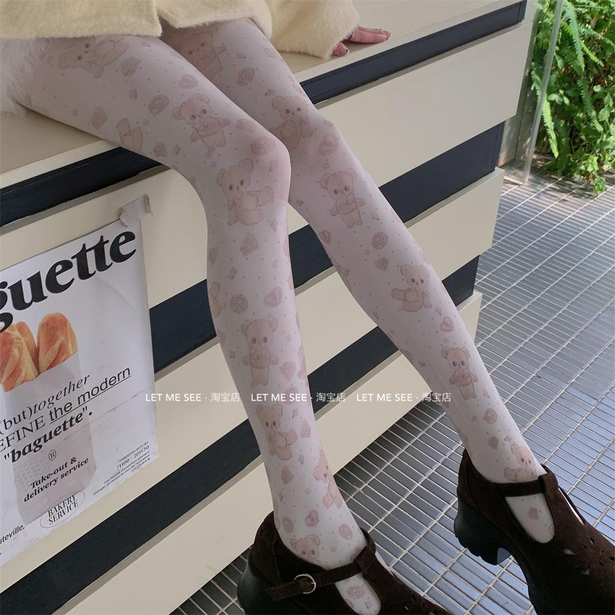 LET ME SEE原创小熊卡通插画印花打底袜日系甜美天鹅绒连裤袜