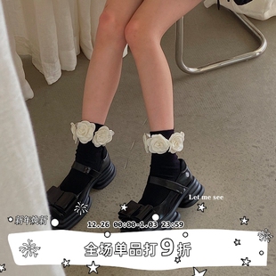 纯色立体山茶花环绕装 SEE 饰中筒袜日系潮流少女甜美袜子 LET