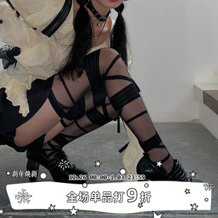 辣妹绑带大腿袜Y2K亚文化黑白色绷带长筒丝袜过膝袜 SEE LET
