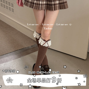 学院风少女小腿袜jk堆堆棉袜蝴蝶结蕾丝边中筒袜 SEE LET