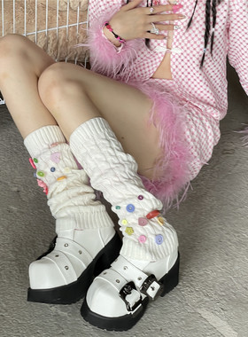 LET ME SEE纯色麻花堆堆袜多色纽扣元素亚文化y2k甜妹小腿袜套